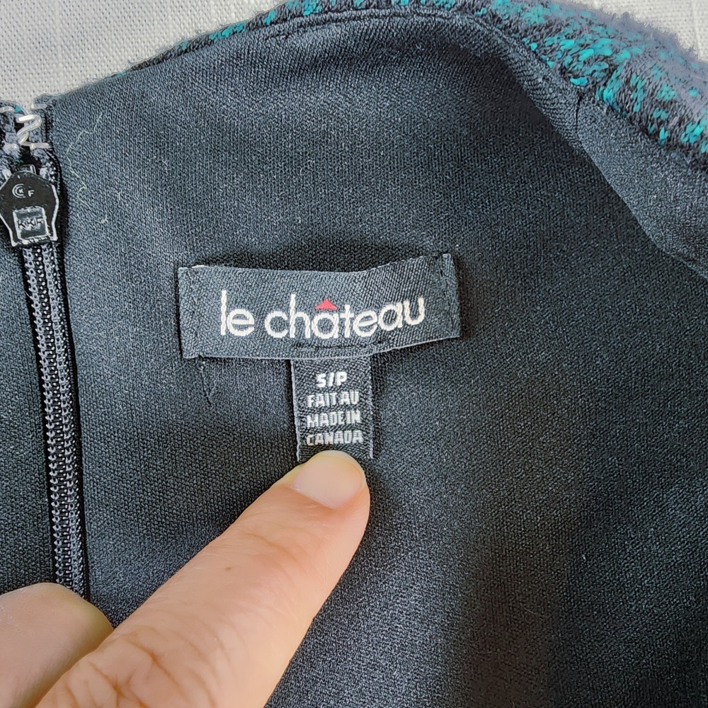 Le Chateau Sheath Dress Women Small Black Teal Marled Knit V Neck Made in Canada - Picture 3 of 13